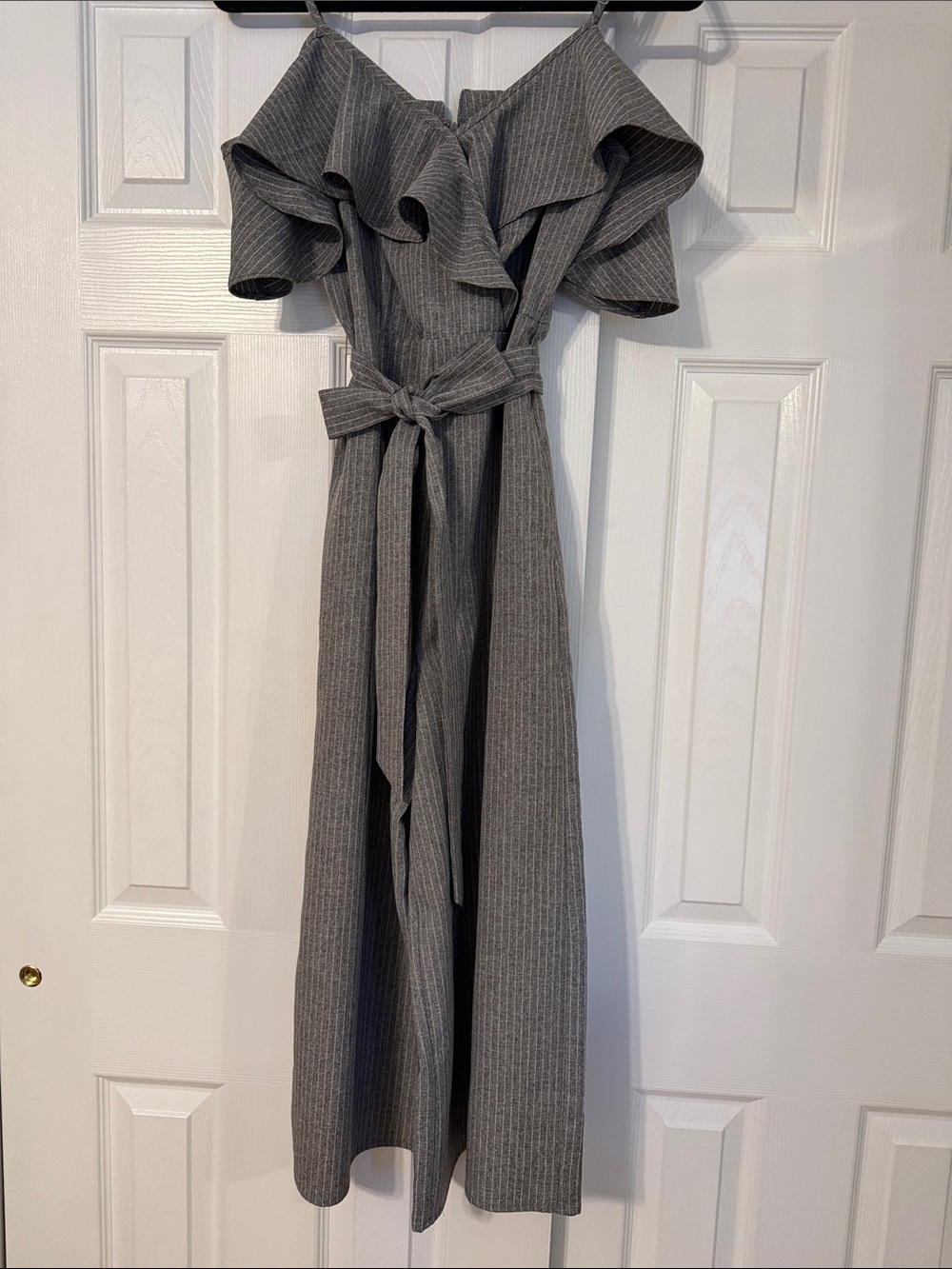 Lulu's Gray Pinstripe Off-Shoulder Ruffle Jumpsuit with Waist Tie